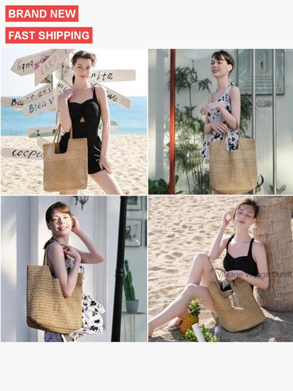 Large Straw Tote Bag for Women, Woven Beach Bag with Zipper, Lightweight - Picture 2 of 7